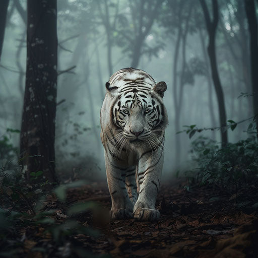 White tiger emerging from misty forest at dawn