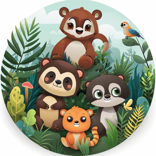 Cartoon logo featuring cute animals with nature-inspired background