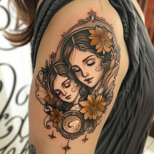 Mother and daughter tattoos with mystical themes