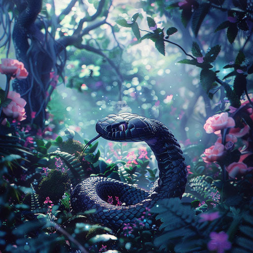 Black mamba snake in a whimsical forest