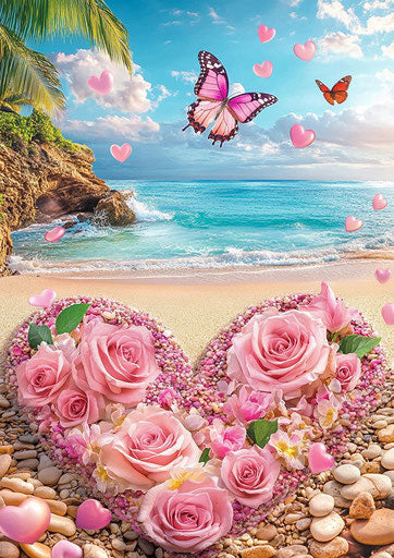 3D diamond painting, heart-shaped beach with pink roses and butterfly in the middle, surrounded by pebbles, beautiful background, vibrant colors, high resolution.
