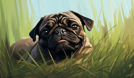 Pug dog lying in green grass