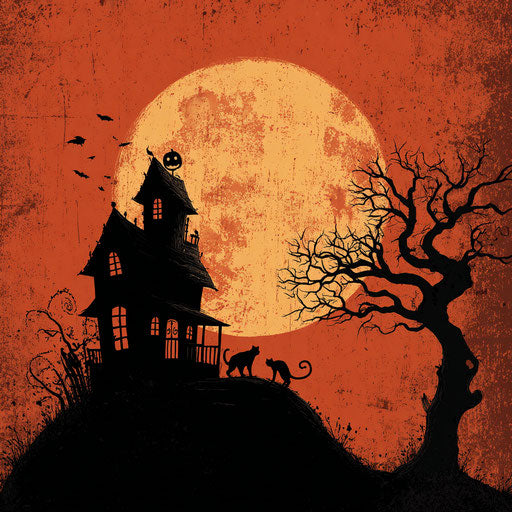 Spooky Halloween Night with Haunted House and Black Cats
