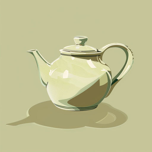 Realistic teapot clipart on a flat, muted olive background, with soft gradients and refined linework