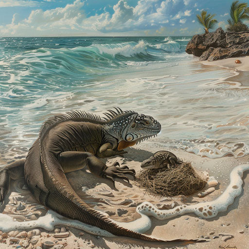 Mother iguana guarding nest on sandy beach