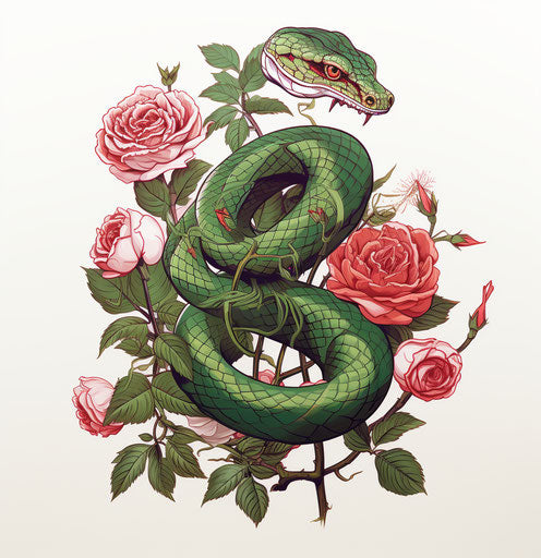 Snake with roses on white background, bold colors style