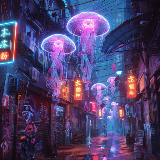 Cyberpunk alleyway with jellyfish-shaped neon signs