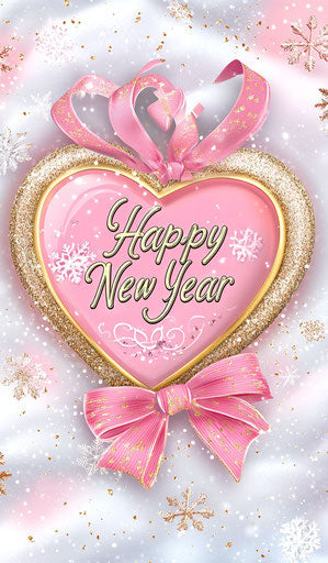 Pink and gold heart with ribbon on white snowy background