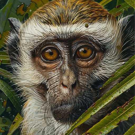 Vervet monkey's thoughtful eyes in lush forest scenery
