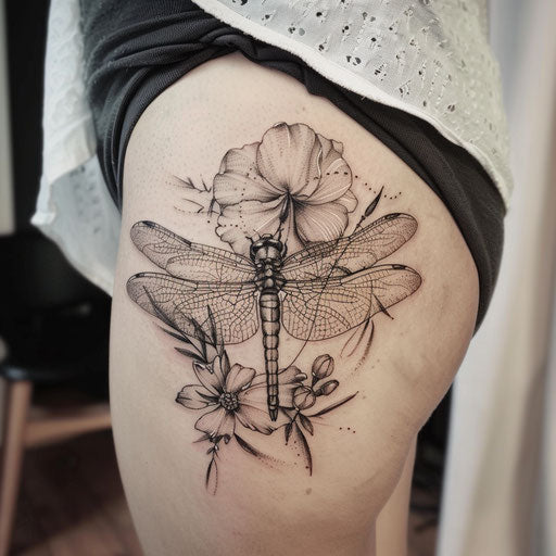 Hip tattoo of a dragonfly, Maria Sibylla Merian style