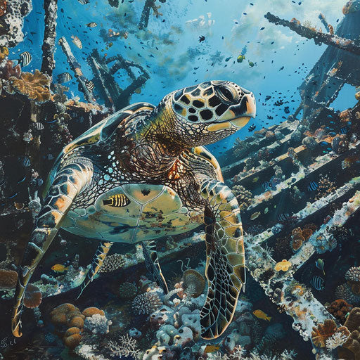 Exploring a sunken shipwreck by a hawksbill sea turtle