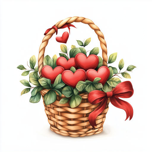 Valentine's Day hearts basket with greenery and ribbon