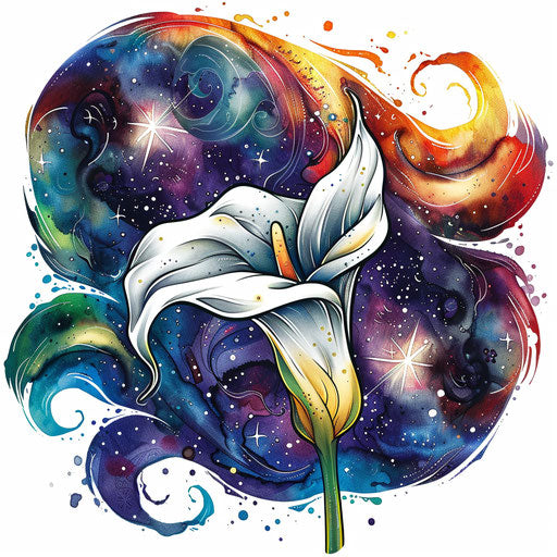 Clipart-style tattoo sketch of a calla lily with a cosmic galaxy background in swirling colors