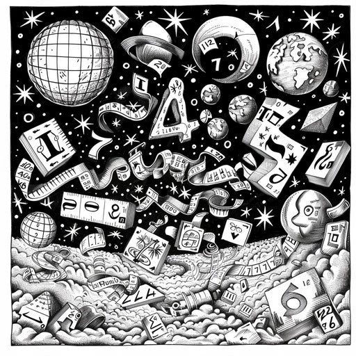 Whimsical scene of numbers and math symbols floating in space