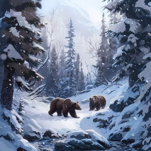 Bears wandering through a snow-covered pine forest