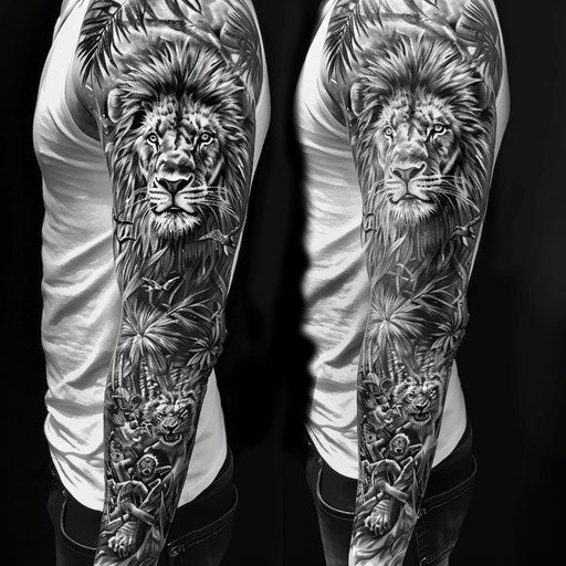 Sketch of realistic lion and jungle scenery, full sleeve for men
