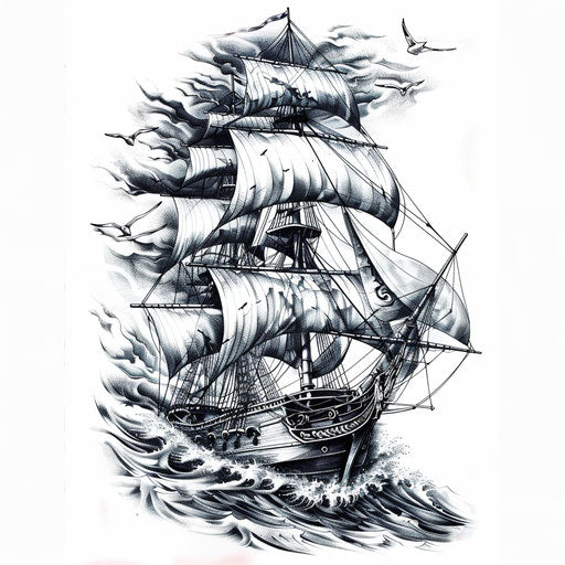 Nautical tattoo: full-rigged ship at sea in black and grey
