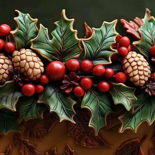 Rich Christmas fruitcake with holly marzipan decorations