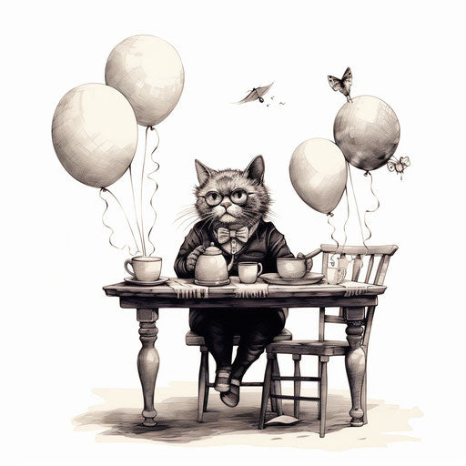 Adult cat with balloons on chair at table, meticulous inking, rtx on, rounded