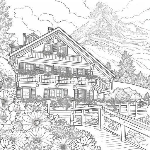 Picturesque Swiss chalet with flower boxes and mountains