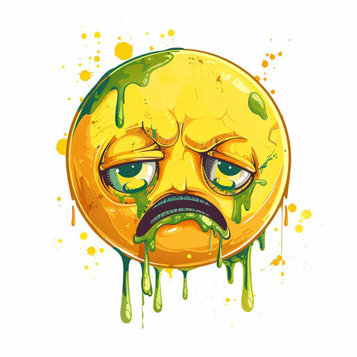 Yellow face cries tears green liquid on white background
