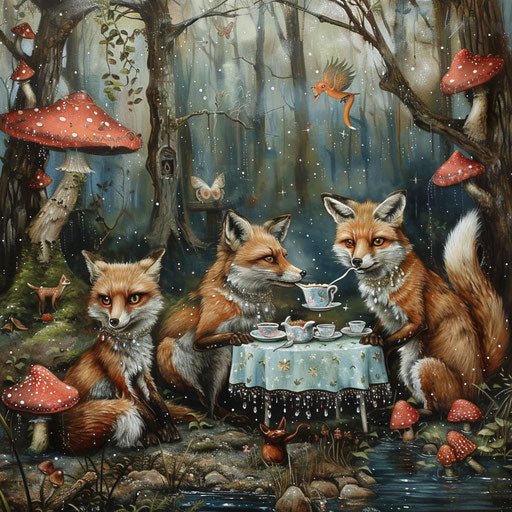 Foxes at a whimsical tea party in enchanted forest