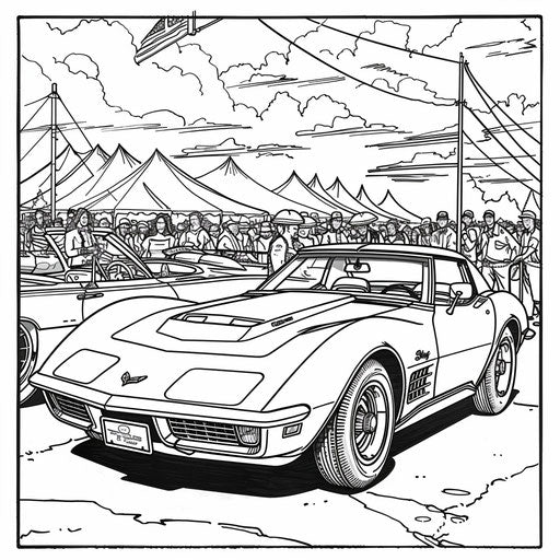Playful scene of a Corvette at a car show