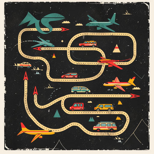 Transport map logo with travel routes and vehicles