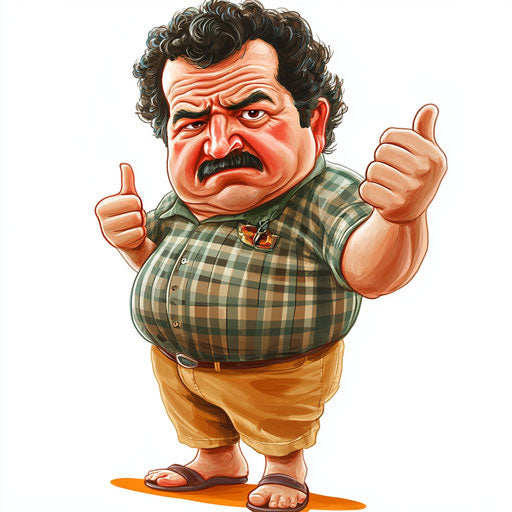 Humorous caricature of a Pablo Escobar clipart with human characteristics, exaggerated rosy cheeks, toes feet, checkered, vibrant colors, cartoon style, thumbs down, high resolution, no background, isolated -c 40