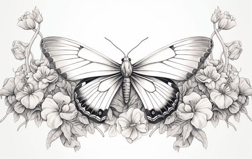 Moth and flowers in detailed linework - gothic tropical art