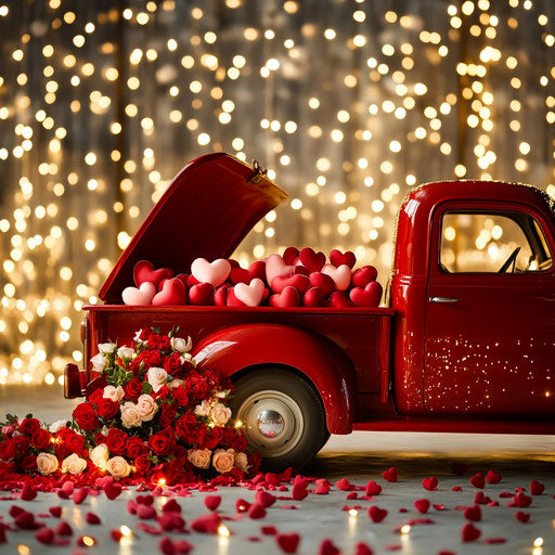 Vintage red truck filled with heart-shaped balloons and roses under twinkling lights