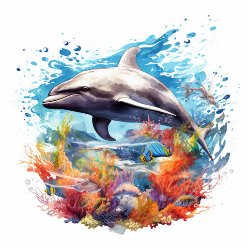 Ocean animals clipart in the style of oil painting, on a white background