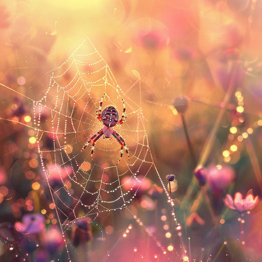 Spider weaving a web in the morning dew