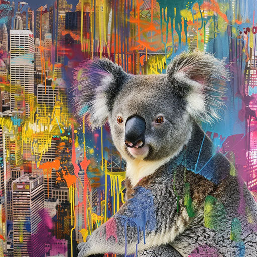 Koala with vibrant urban background, juxtaposition of nature and city life