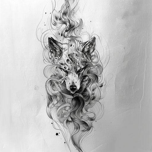 Abstract tattoo sketch with husky face emerging from swirling mists
