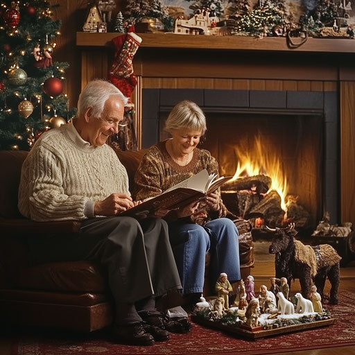 Reading the Christmas story to grandchildren by the fireplace