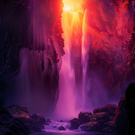 Ruby Falls with misty spray and sunset glow