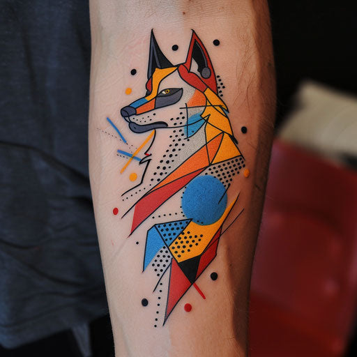 Geometric wolf with playful polka dots and bright colors