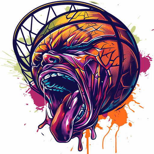 Humorous sketch of a basketball eating a hoop, flat clipart style, vivid colors