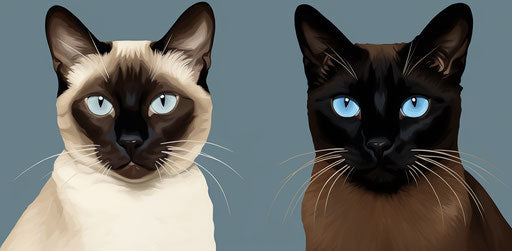 Two sitting cats, dark brown and light beige style, exaggerated features