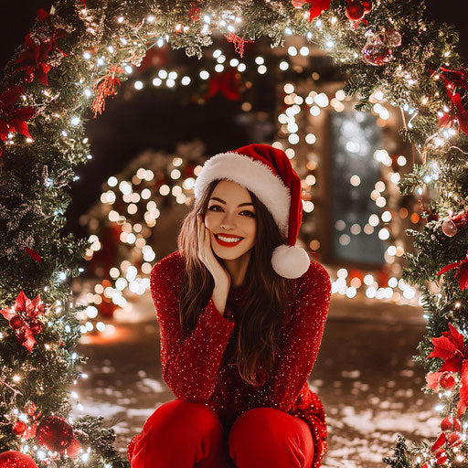 Playful pose under a Christmas archway with stylish Santa hat
