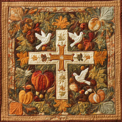 Religious Thanksgiving patchwork with cross, doves, and harvest fruits