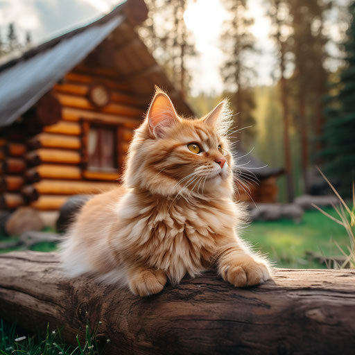 Ginger cat sitting in front of a log cabin