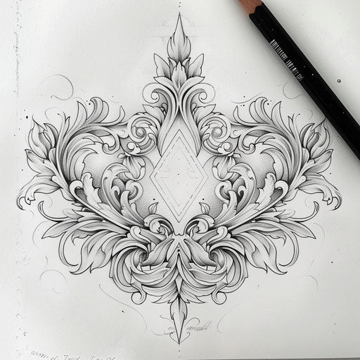 Ornamental triangle tattoo drawing with baroque elements