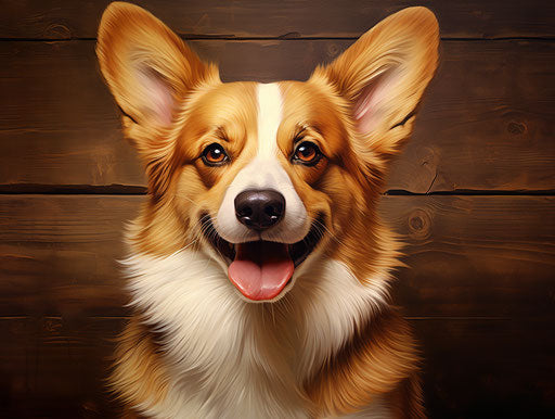 Corgi portrait by person wall art on white background, in the style of kerem beyit, animated gifs, plein-air realism, petcore, realistic oil paintings, pixel art, charles spencelayh 4:3