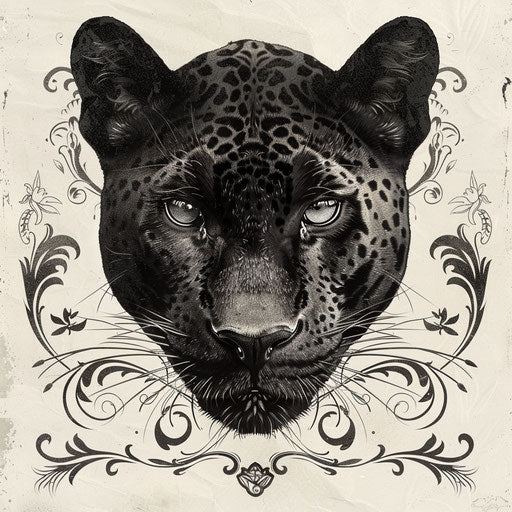 Gothic style black panther tattoo on white parchment texture