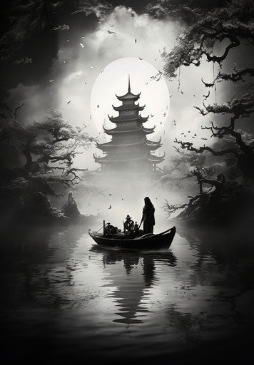 Black and white photo of people and pandas in a boat, zen-inspired ink painting style, unbelievably beautiful