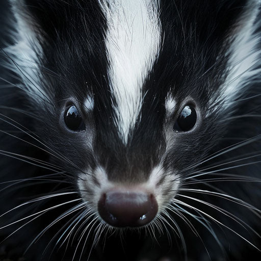 Skunk with bright eyes and white stripes portrait