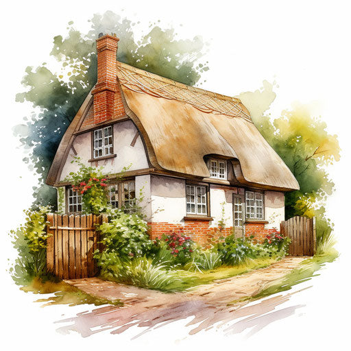 Illustration of a cottage in the style of an oil painting, on white background