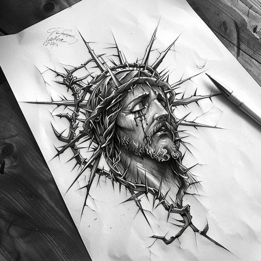 Classic flat tattoo sketch of the Cruz with a detailed crown of thorns